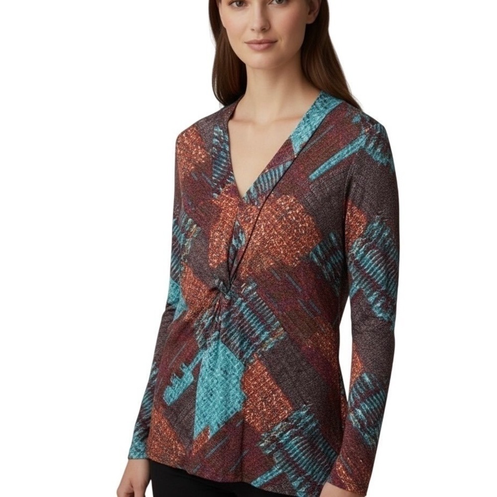 ATTITUDES by Renee 2X Multi Color Geometric Print Twist V Neck Long Sleeve Top